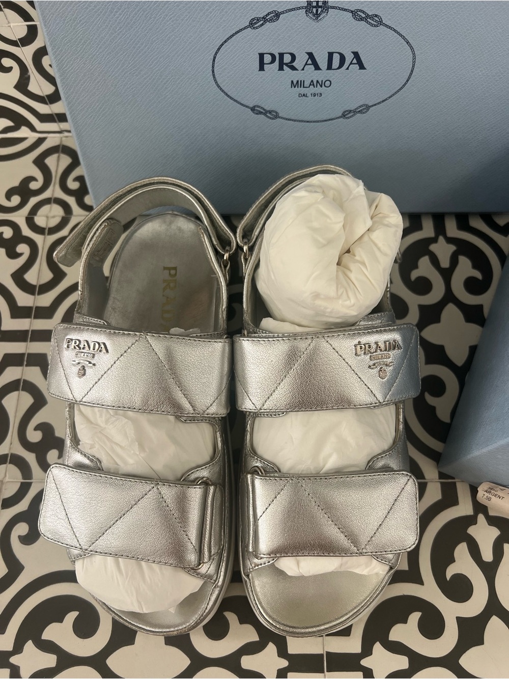 Prada Women’s Silver Leather Velcro Sandals 37.5